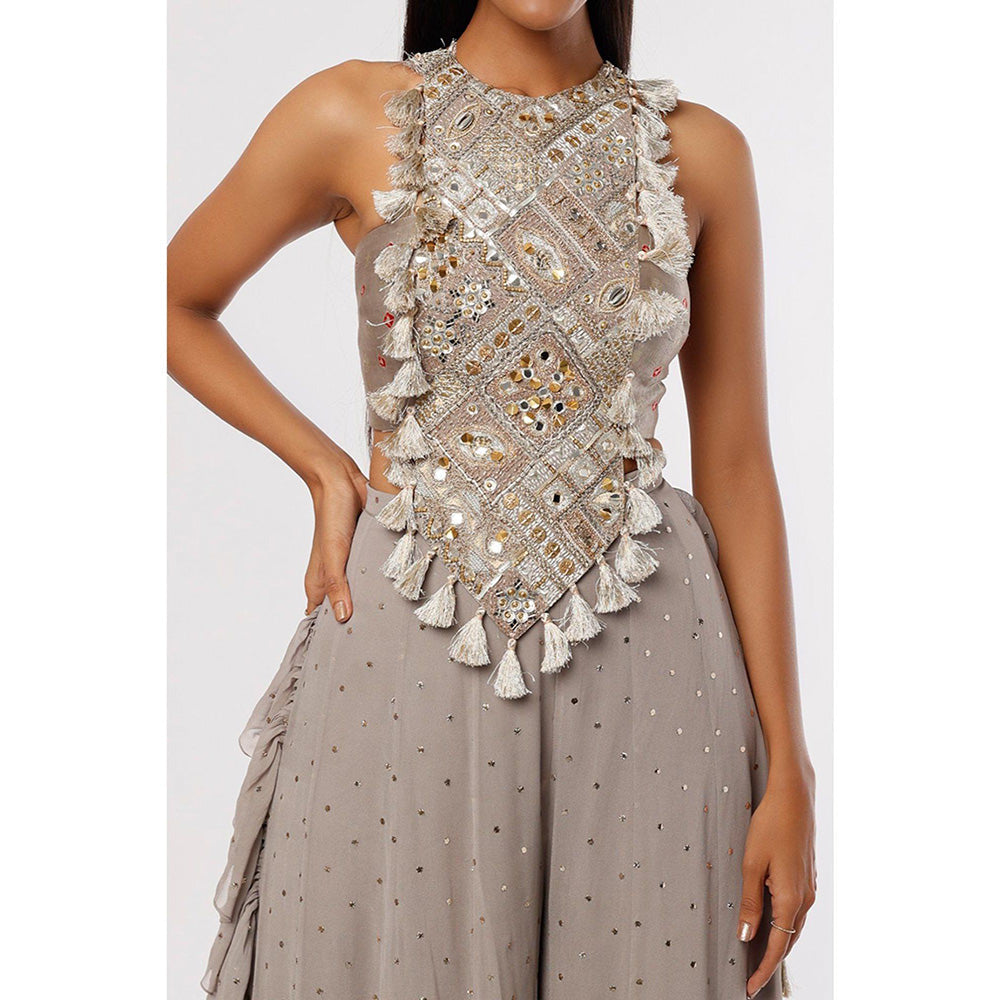 PS Pret by Payal Singhal Grey Embroidered Choli And Frill Sharara (Set of 2)