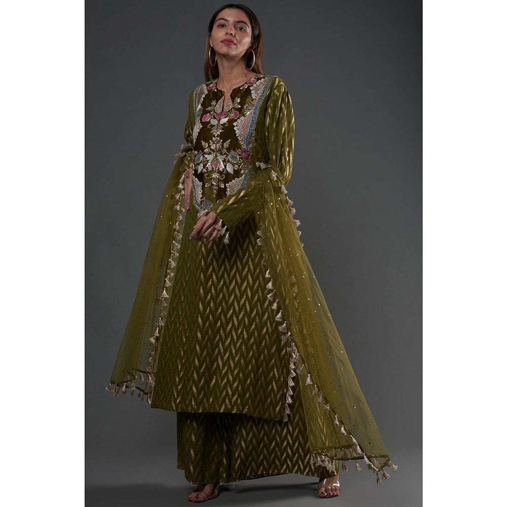 PS Pret by Payal Singhal Olive Embroidered Kurta And Palazzo With Dupatta (Set of 3)