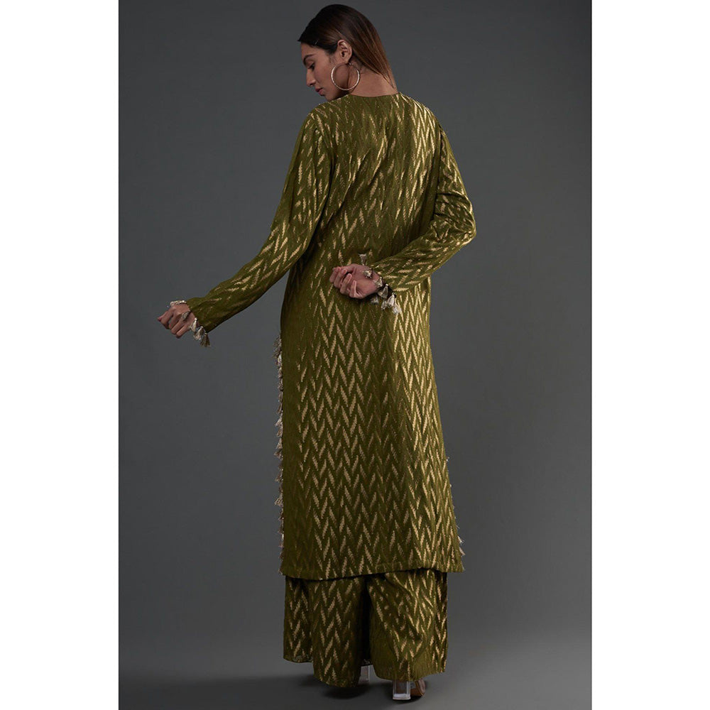 PS Pret by Payal Singhal Olive Embroidered Kurta And Palazzo With Dupatta (Set of 3)