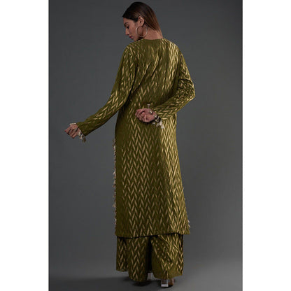 PS Pret by Payal Singhal Olive Embroidered Kurta And Palazzo With Dupatta (Set of 3)