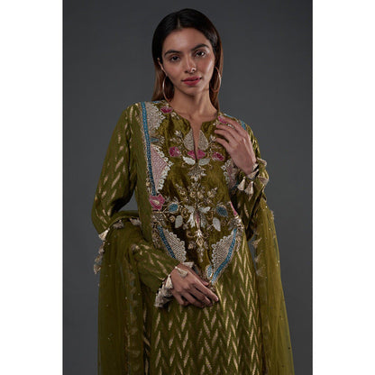 PS Pret by Payal Singhal Olive Embroidered Kurta And Palazzo With Dupatta (Set of 3)