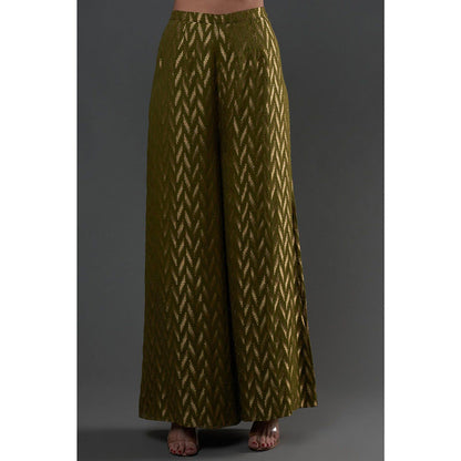 PS Pret by Payal Singhal Olive Embroidered Kurta And Palazzo With Dupatta (Set of 3)