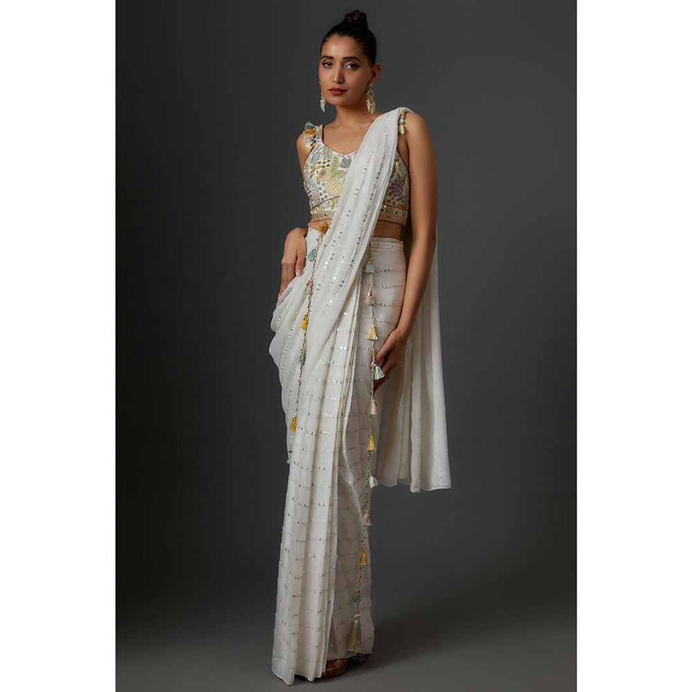 Payal Singhal Off White Embroidered Saree With Stiched Blouse