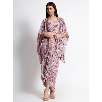 QAIYNAT Pink Chinon Printed Co-Ord (Set of 3)