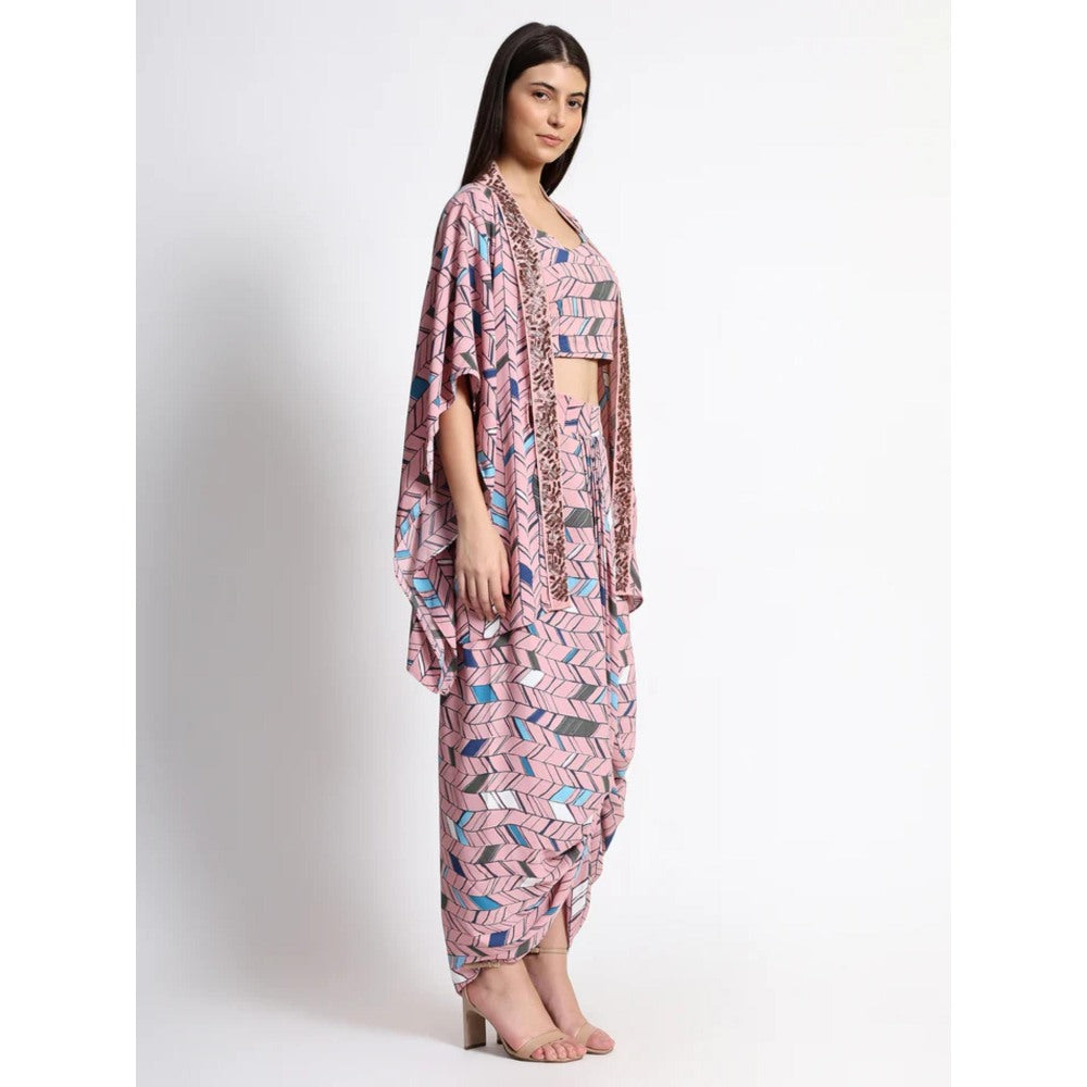 QAIYNAT Pink Chinon Printed Co-Ord (Set of 3)