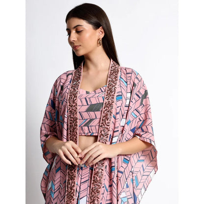 QAIYNAT Pink Chinon Printed Co-Ord (Set of 3)