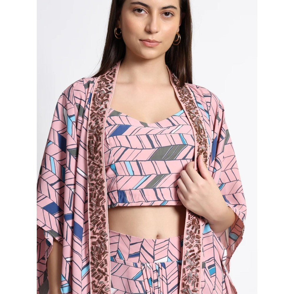 QAIYNAT Pink Chinon Printed Co-Ord (Set of 3)