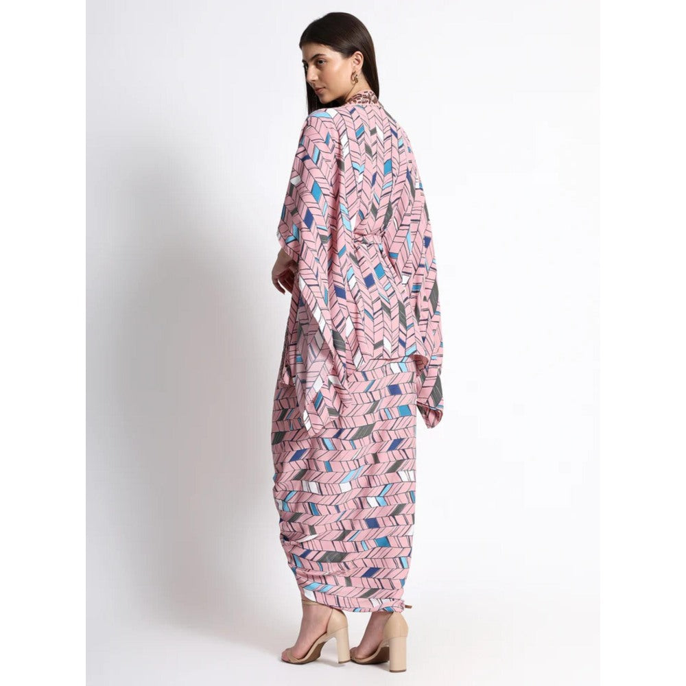 QAIYNAT Pink Chinon Printed Co-Ord (Set of 3)