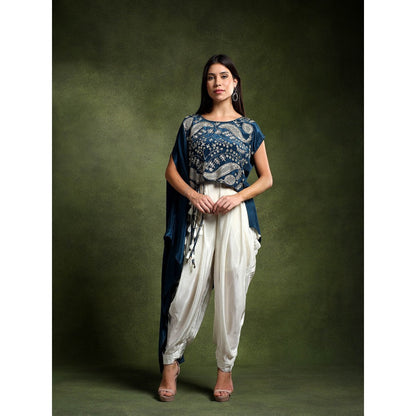 QAIYNAT Teal Crepe Hand Embroidered Top with Tulip Dhoti (Set of 2)