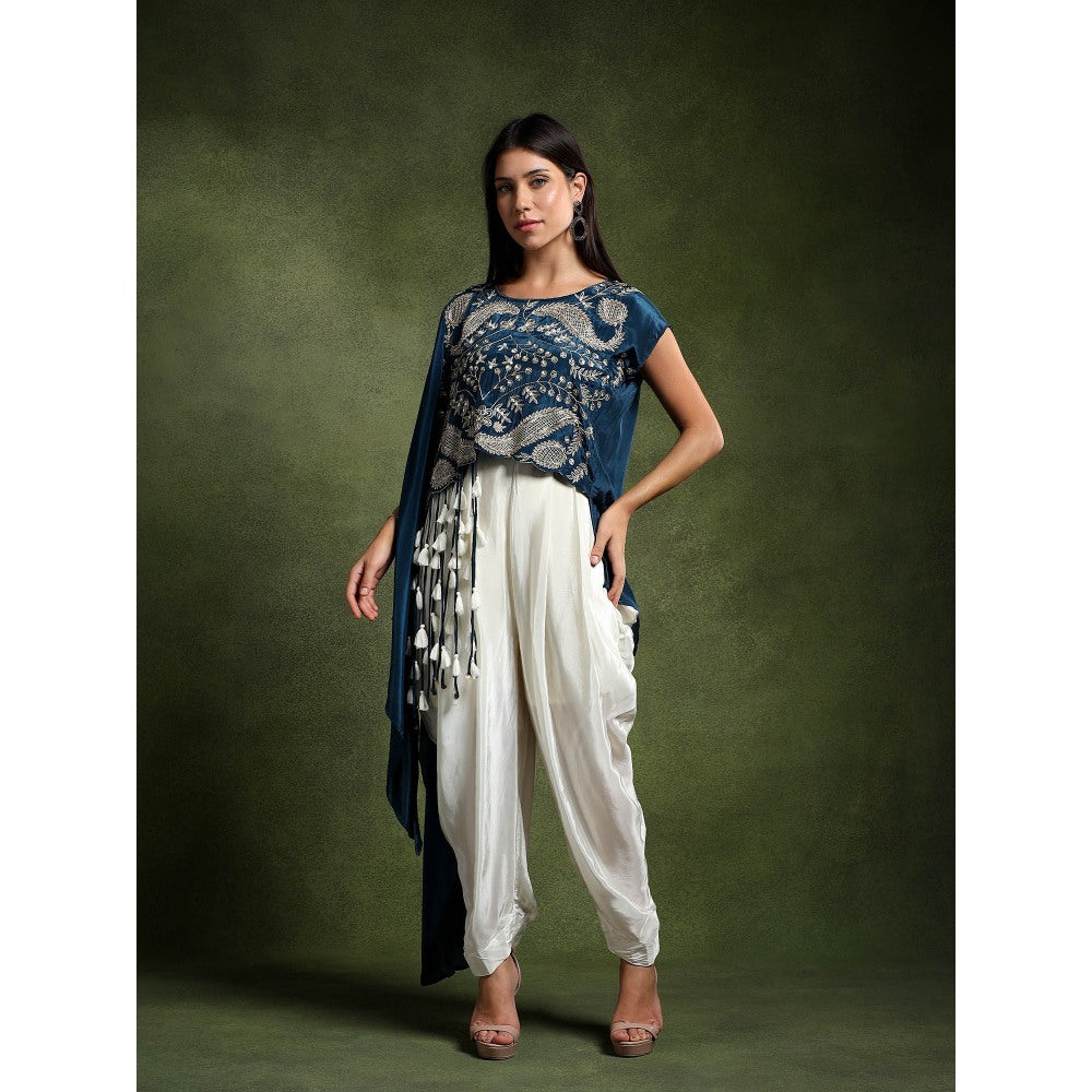 QAIYNAT Teal Crepe Hand Embroidered Top with Tulip Dhoti (Set of 2)