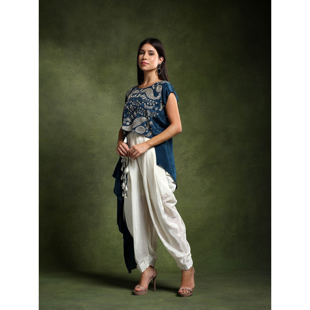 QAIYNAT Teal Crepe Hand Embroidered Top with Tulip Dhoti (Set of 2)