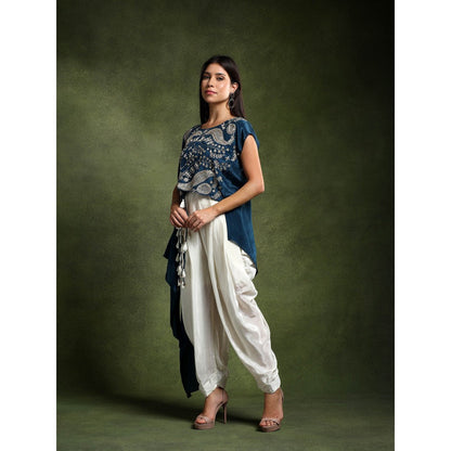 QAIYNAT Teal Crepe Hand Embroidered Top with Tulip Dhoti (Set of 2)