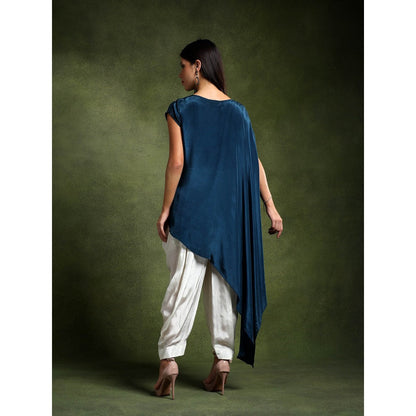 QAIYNAT Teal Crepe Hand Embroidered Top with Tulip Dhoti (Set of 2)