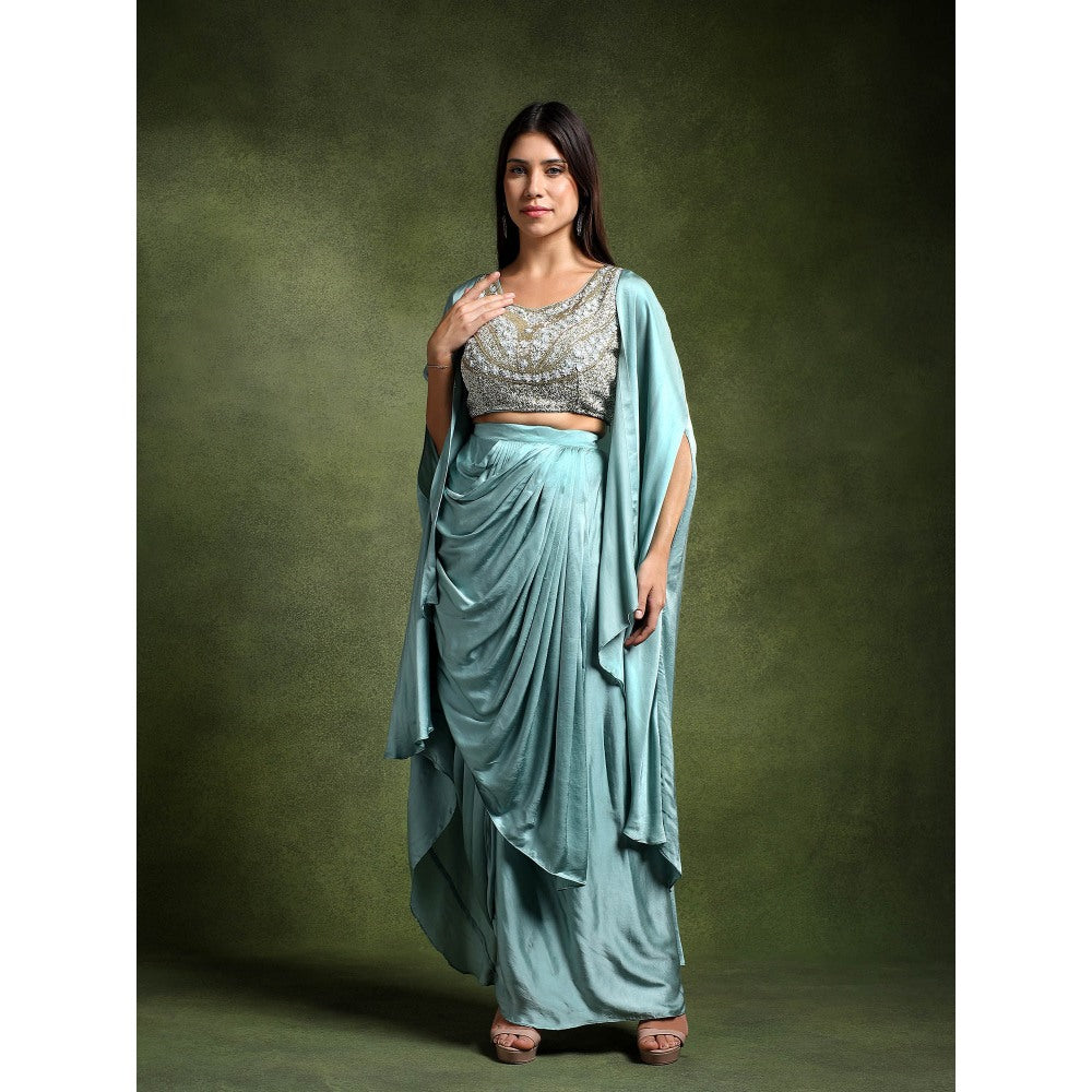 QAIYNAT Ice Blue Satin Embellished Blouse with Cowl Drape Skirt and Cape (Set of 3)