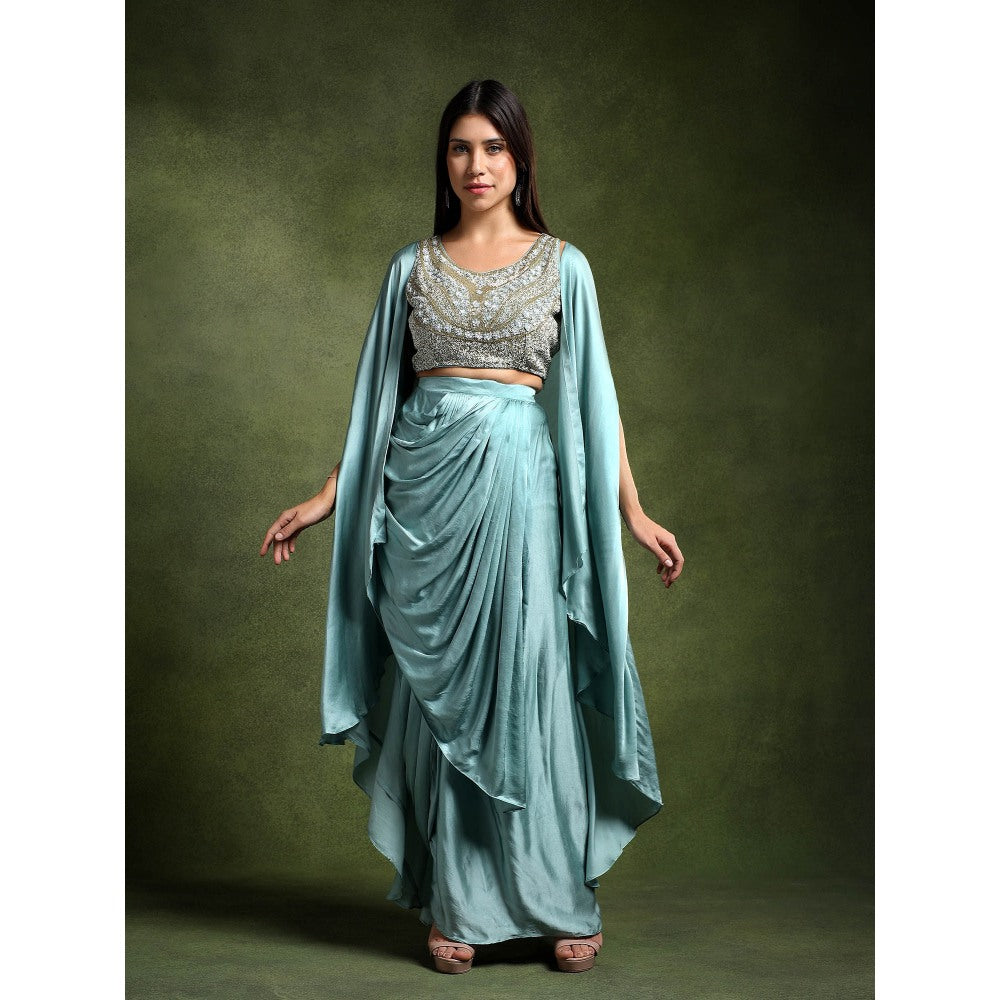 QAIYNAT Ice Blue Satin Embellished Blouse with Cowl Drape Skirt and Cape (Set of 3)