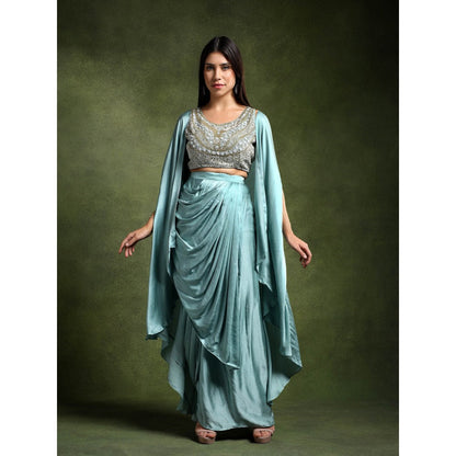 QAIYNAT Ice Blue Satin Embellished Blouse with Cowl Drape Skirt and Cape (Set of 3)