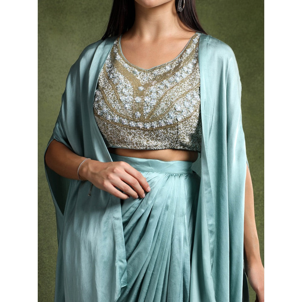 QAIYNAT Ice Blue Satin Embellished Blouse with Cowl Drape Skirt and Cape (Set of 3)