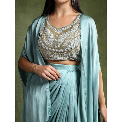 QAIYNAT Ice Blue Satin Embellished Blouse with Cowl Drape Skirt and Cape (Set of 3)