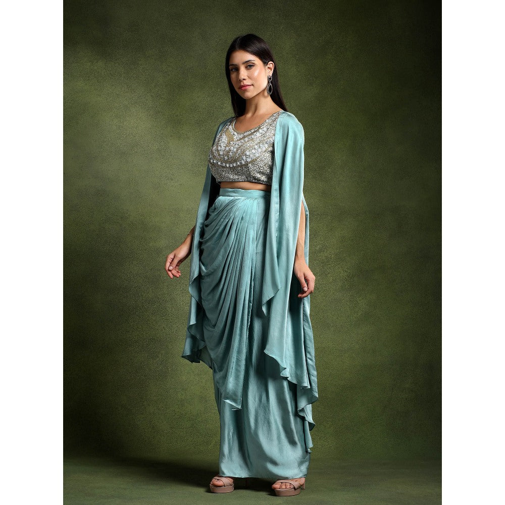 QAIYNAT Ice Blue Satin Embellished Blouse with Cowl Drape Skirt and Cape (Set of 3)