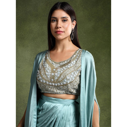 QAIYNAT Ice Blue Satin Embellished Blouse with Cowl Drape Skirt and Cape (Set of 3)