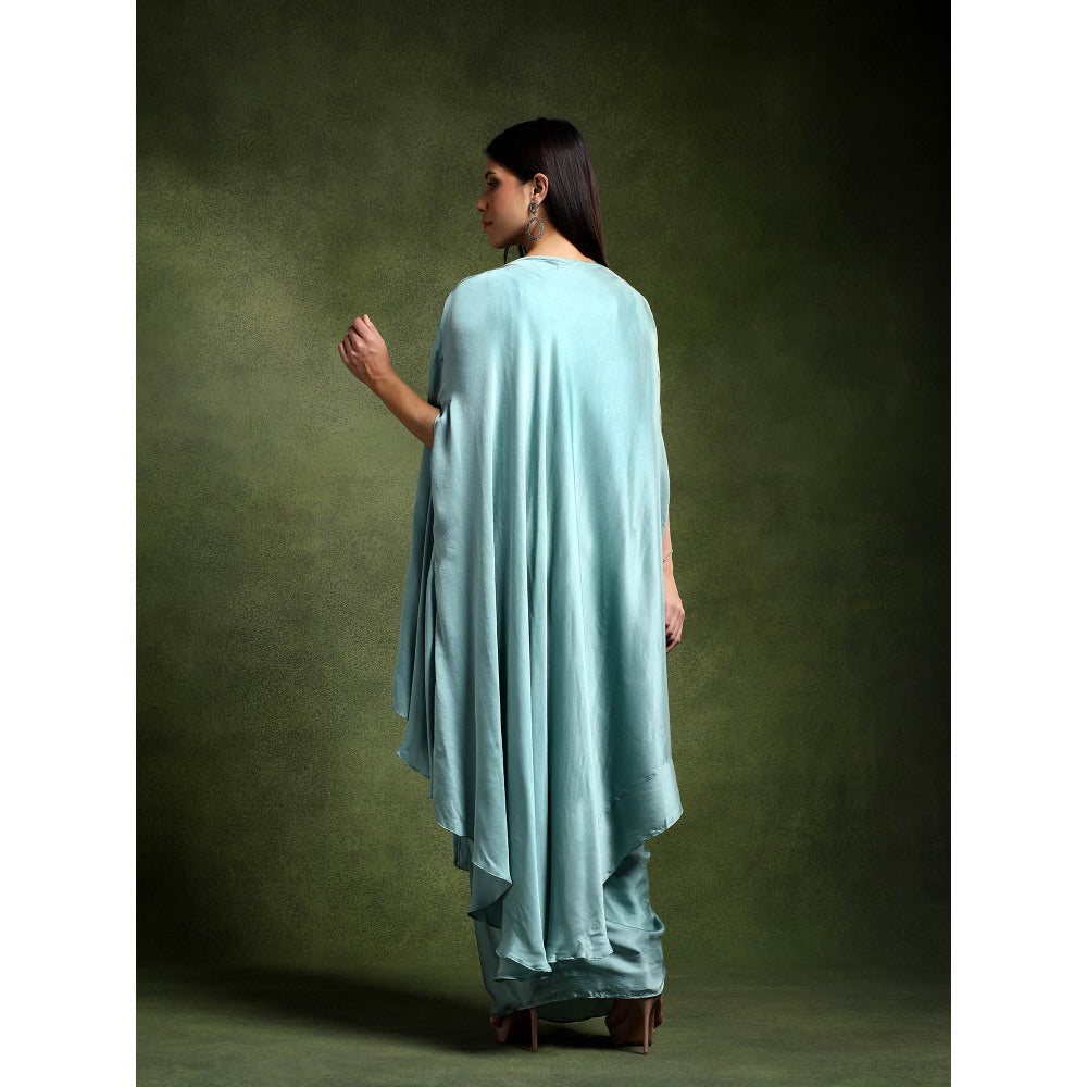 QAIYNAT Ice Blue Satin Embellished Blouse with Cowl Drape Skirt and Cape (Set of 3)