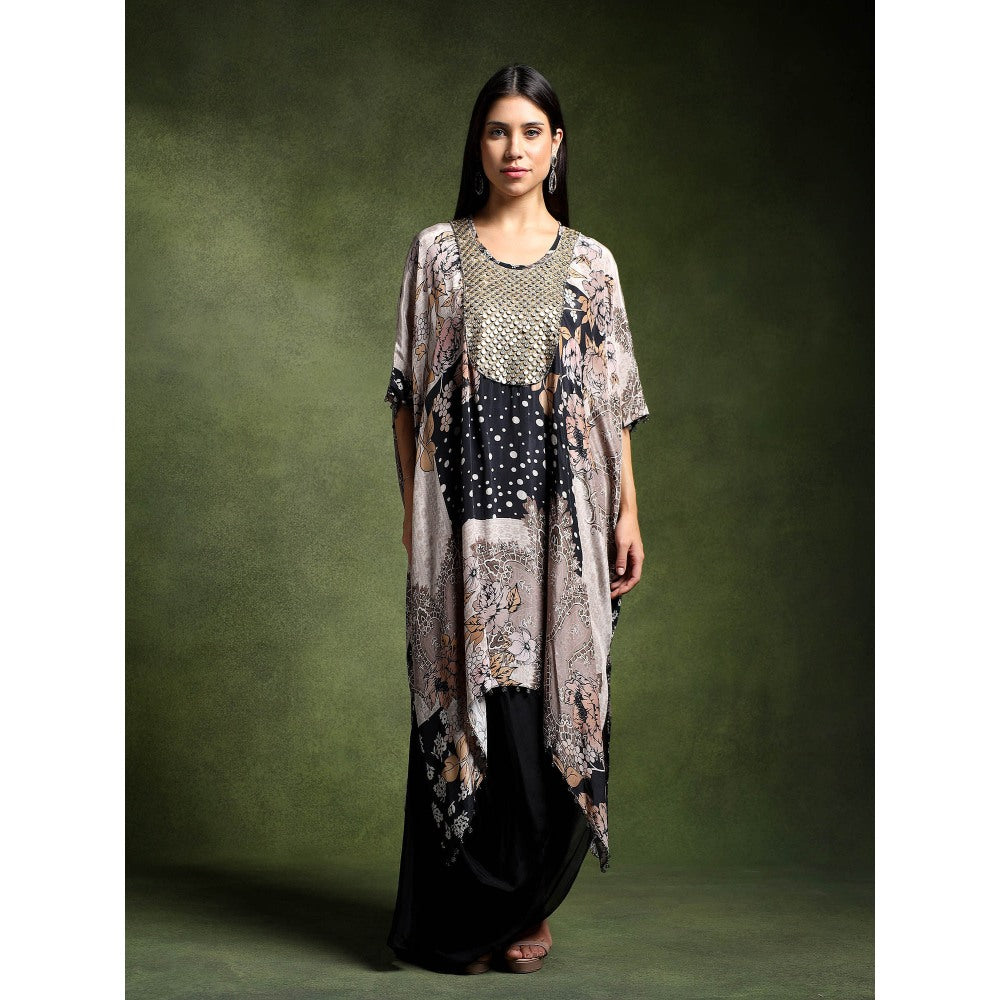 QAIYNAT Grey Crepe Printed Long Kaftan with Skirt (Set of 2)