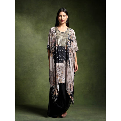 QAIYNAT Grey Crepe Printed Long Kaftan with Skirt (Set of 2)