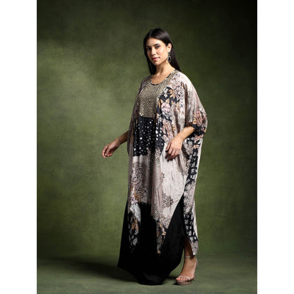 QAIYNAT Grey Crepe Printed Long Kaftan with Skirt (Set of 2)