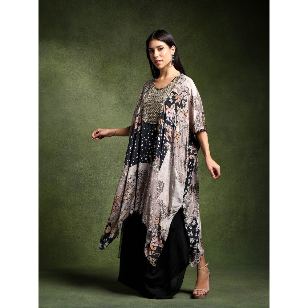 QAIYNAT Grey Crepe Printed Long Kaftan with Skirt (Set of 2)
