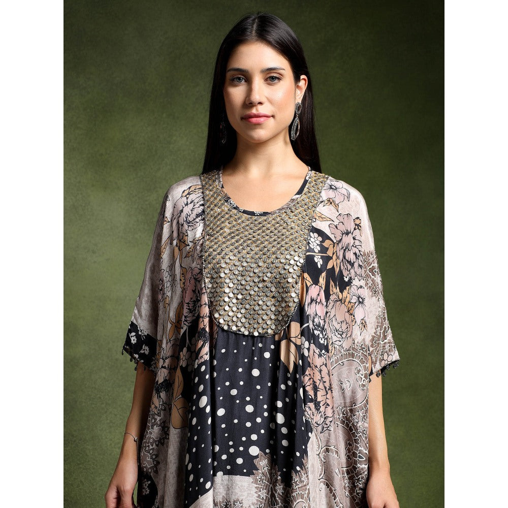 QAIYNAT Grey Crepe Printed Long Kaftan with Skirt (Set of 2)