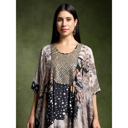 QAIYNAT Grey Crepe Printed Long Kaftan with Skirt (Set of 2)