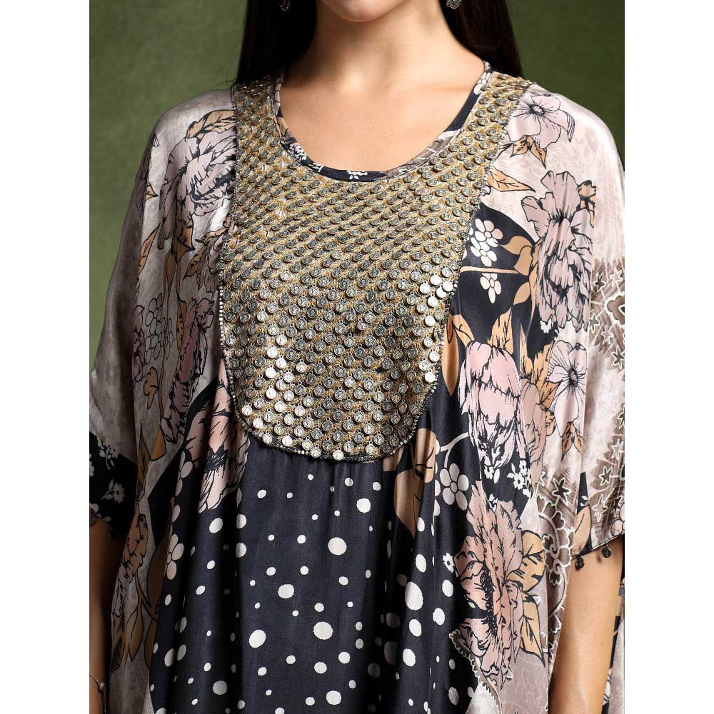 QAIYNAT Grey Crepe Printed Long Kaftan with Skirt (Set of 2)