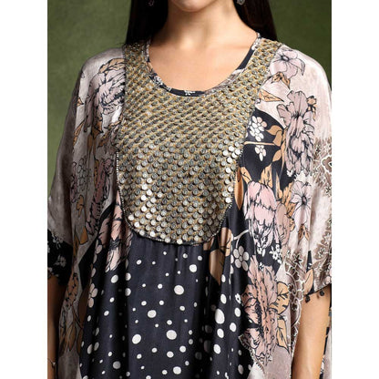 QAIYNAT Grey Crepe Printed Long Kaftan with Skirt (Set of 2)