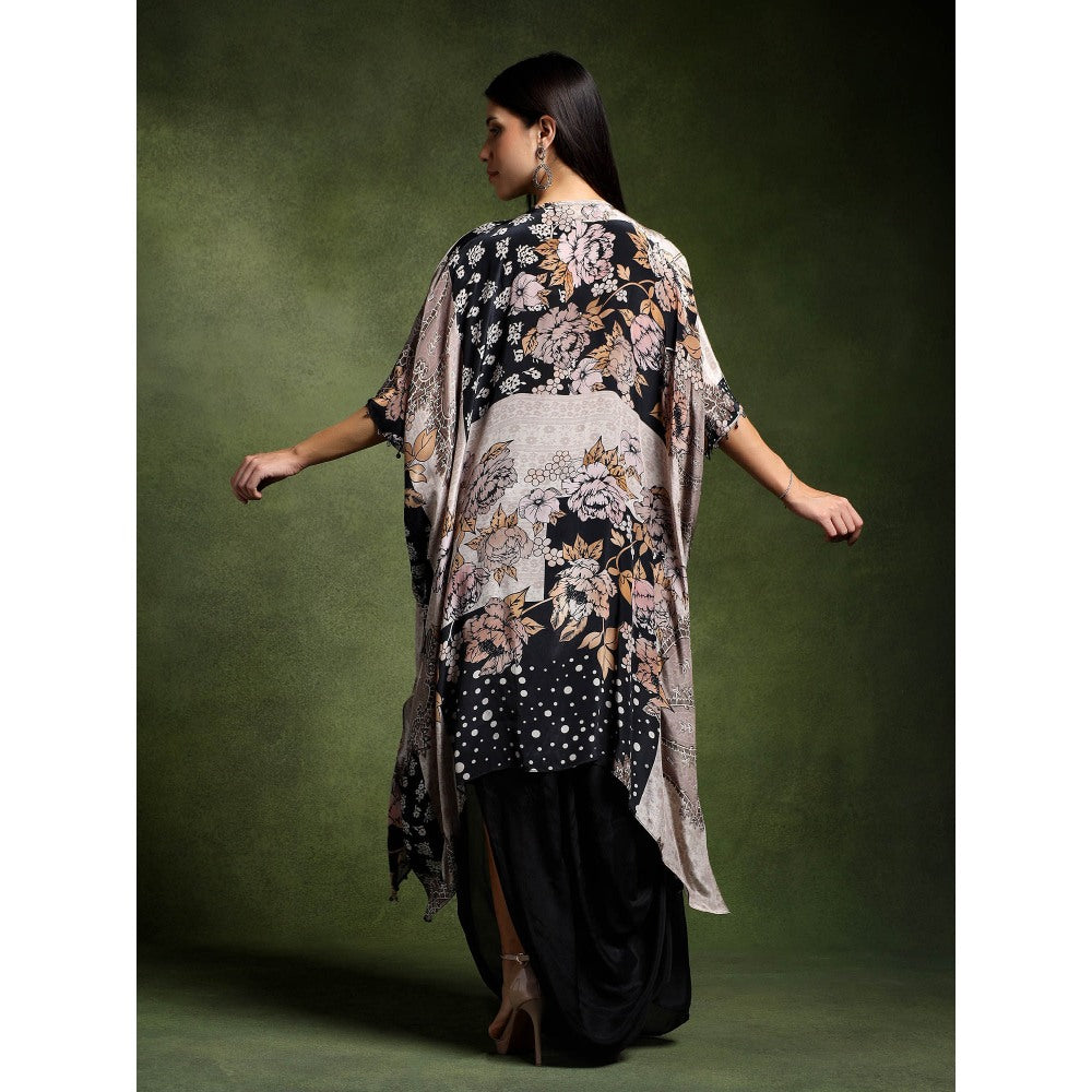 QAIYNAT Grey Crepe Printed Long Kaftan with Skirt (Set of 2)