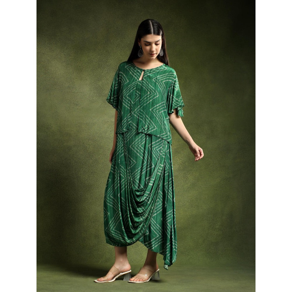 QAIYNAT Green Bandhej Printed Satin Dress with Jacket
