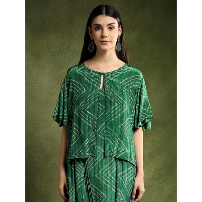 QAIYNAT Green Bandhej Printed Satin Dress with Jacket
