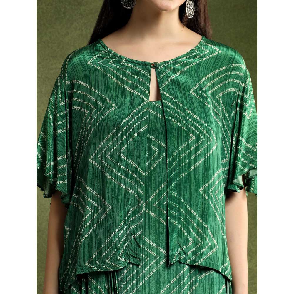 QAIYNAT Green Bandhej Printed Satin Dress with Jacket