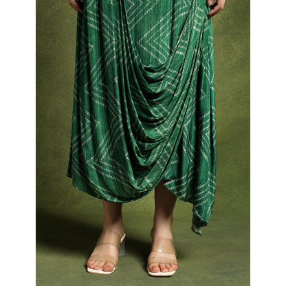 QAIYNAT Green Bandhej Printed Satin Dress with Jacket
