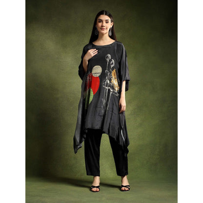 QAIYNAT Womens Printed Black Kaftan with Pant