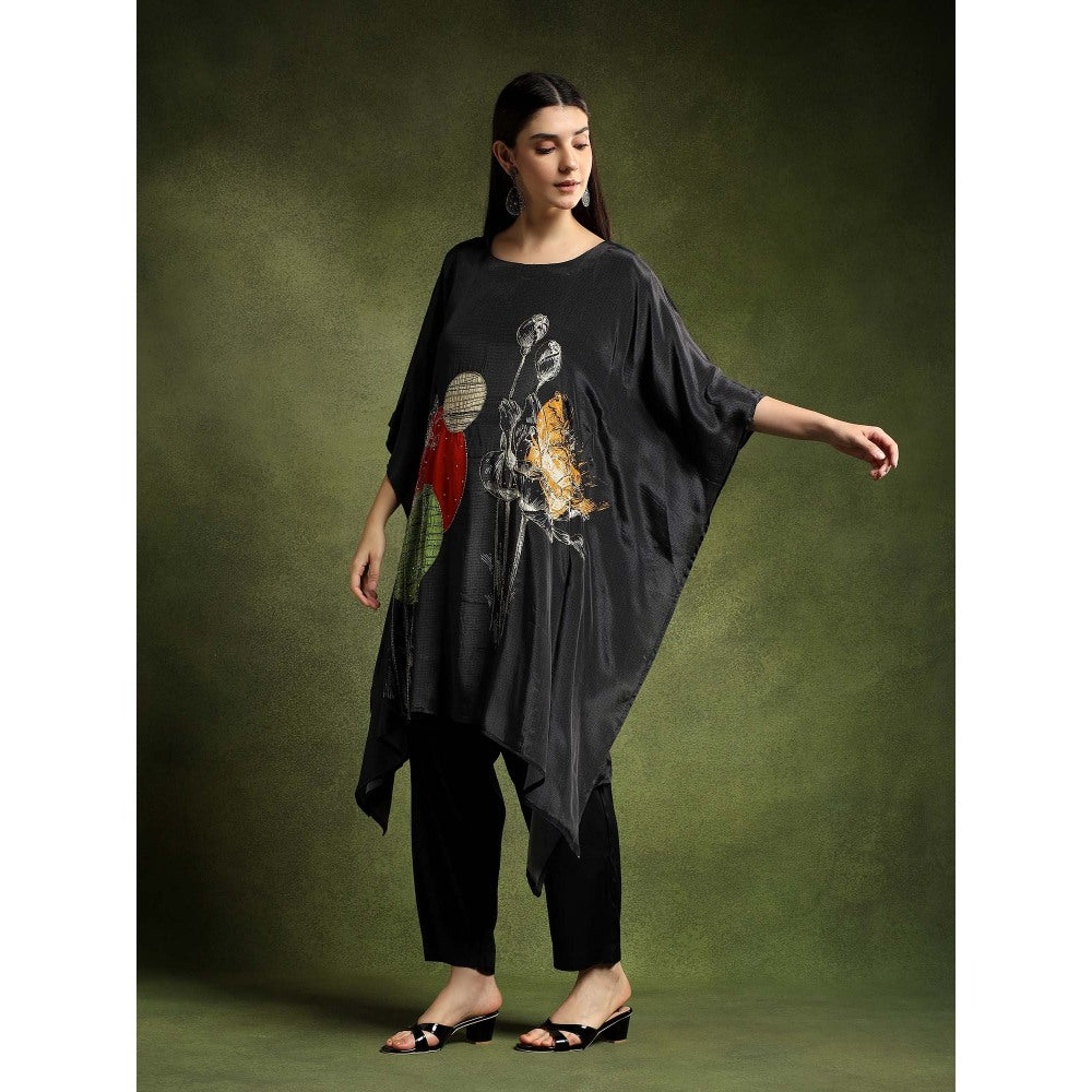 QAIYNAT Womens Printed Black Kaftan with Pant