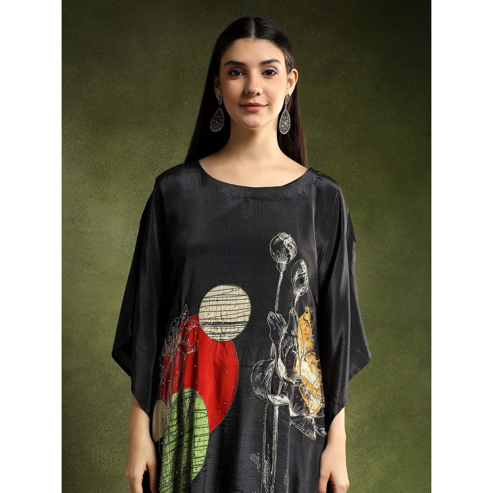 QAIYNAT Womens Printed Black Kaftan with Pant