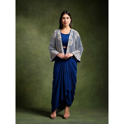 QAIYNAT Womens Embroidered Blue Stitched Blouse with Skirt and Jacket