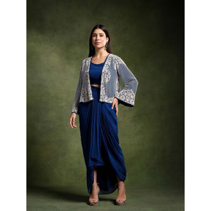 QAIYNAT Womens Embroidered Blue Stitched Blouse with Skirt and Jacket