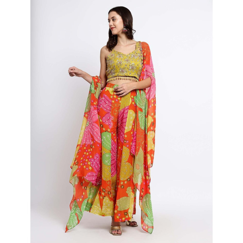 QAIYNAT Womens Printed Multi-Color Crop Top with Cape and Palazzo