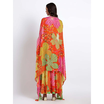 QAIYNAT Womens Printed Multi-Color Crop Top with Cape and Palazzo