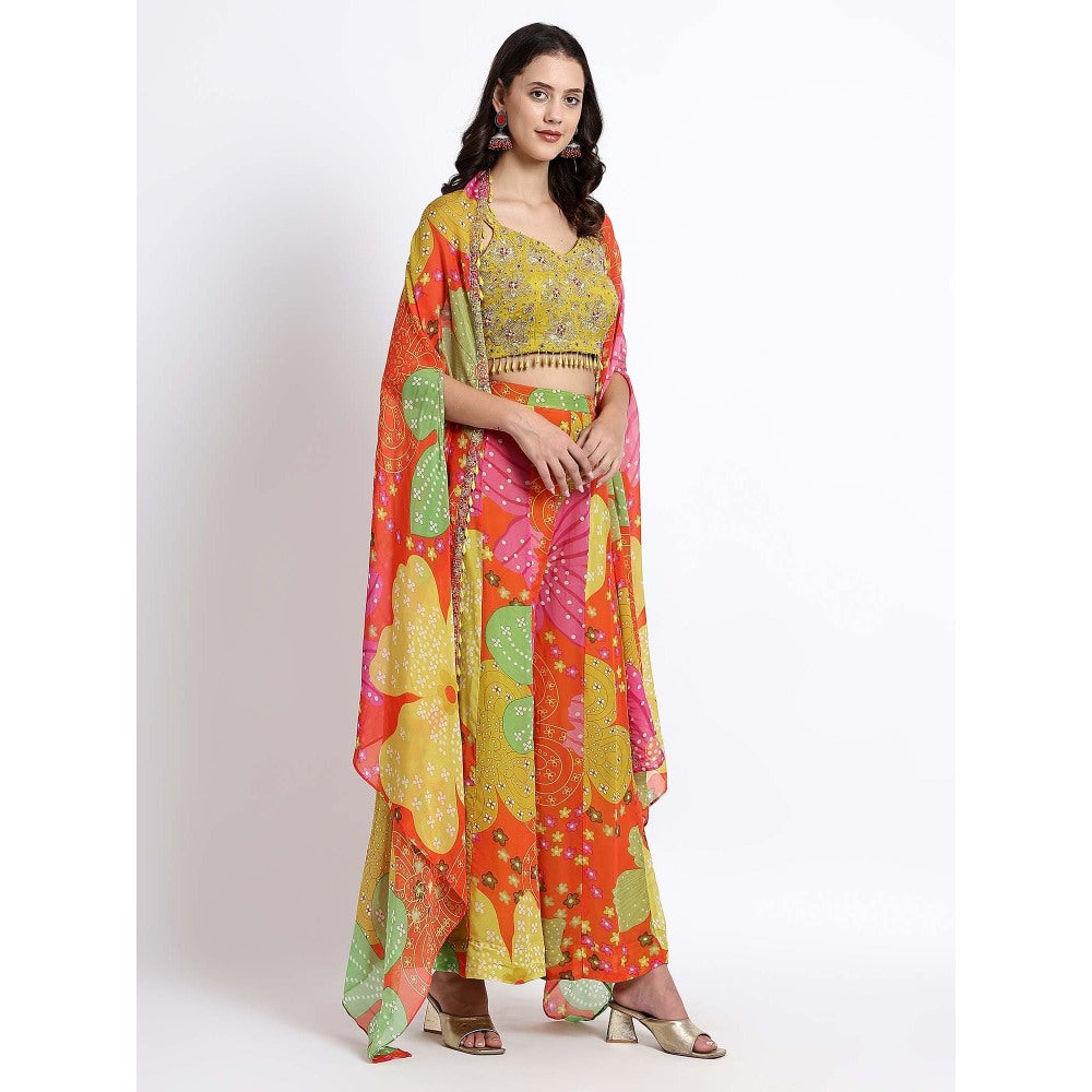 QAIYNAT Womens Printed Multi-Color Crop Top with Cape and Palazzo