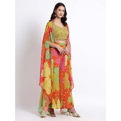 QAIYNAT Womens Printed Multi-Color Crop Top with Cape and Palazzo