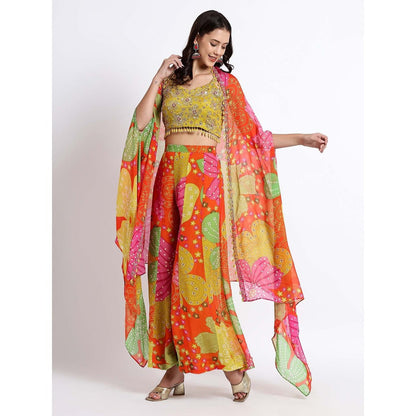 QAIYNAT Womens Printed Multi-Color Crop Top with Cape and Palazzo