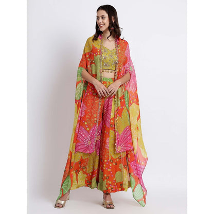 QAIYNAT Womens Printed Multi-Color Crop Top with Cape and Palazzo