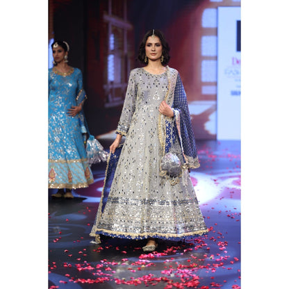 QAIYNAT Ghungroo Grey Mirror Work Hand-Embroidered Anarkali with Dupatta